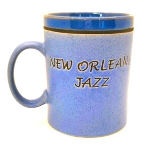 New Orleans Gator playing washboard mug blue glazed pottery